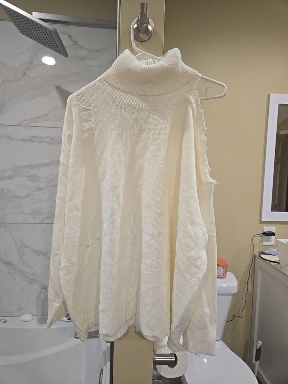 Geegee Women’s Cream Turtleneck Distressed Chunky Cozy Sweater